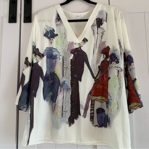 Women’s XXL Artistic Fashion Print Blouse Paris Style Silky Top V Neck